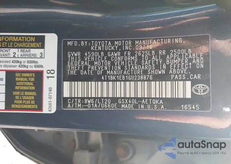 2016 Toyota Avalon Touring z USA, uszkodzony, nr VIN 4T1BK1EB1GU238876